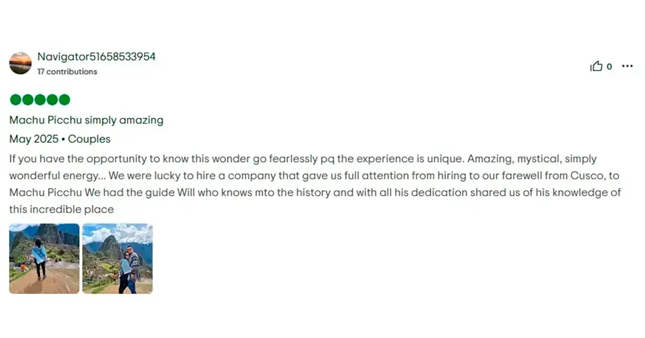 Comment on TripAdvisor about the Machu Picchu trip with Peru Grand Travel