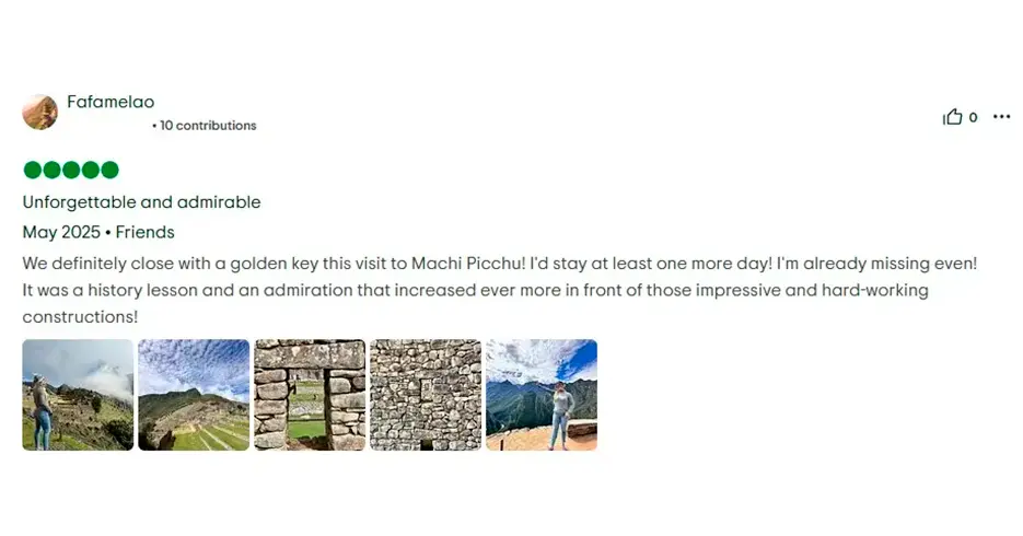 Comment on TripAdvisor about the visit to Machu Picchu, sharing the experiences