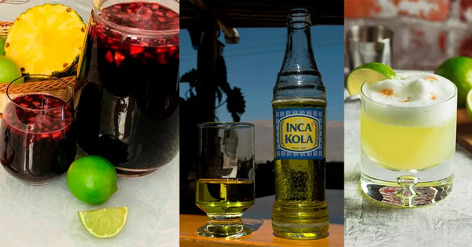 Typical Peruvian drinks: chicha morada, Inca kola, and pisco sour.