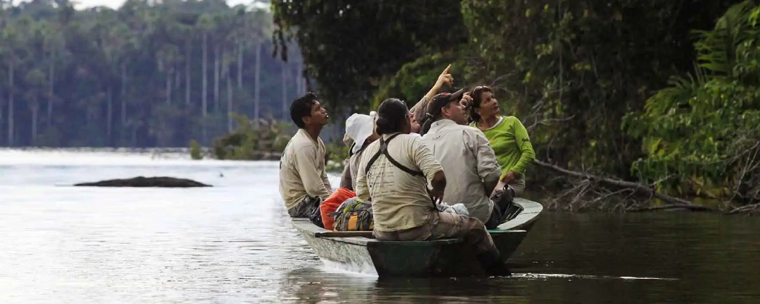 Lago Sandoval showing tourists exploring the lush Amazon rainforest.