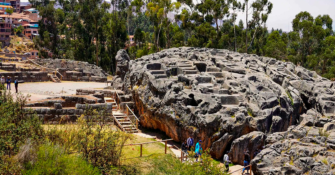 Carved stone altars and subterranean chambers inside the Qorikancha or Qenqo archaeological site