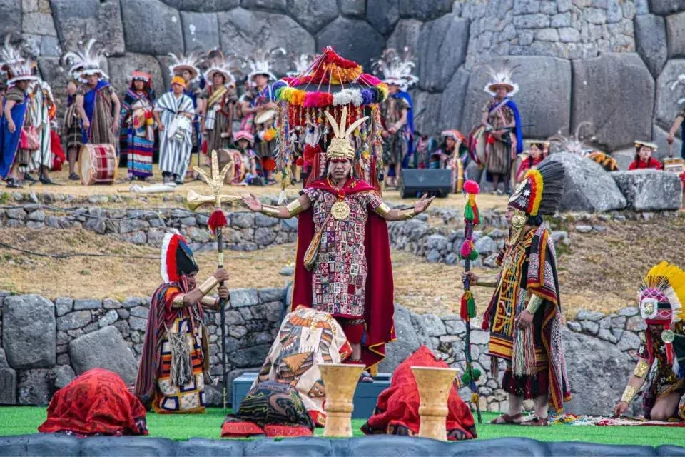 Inti Raymi Inca Sun Worship Traditions Performers representing Inca traditions during the Inti Raymi Festival of the Sun in Cusco.