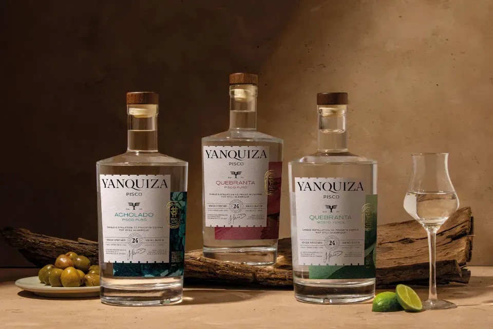 Types of Peruvian Pisco Puro, Acholado and Mosto Verde Different bottles of Peruvian pisco displayed together to illustrate the available styles.