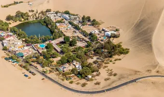 Panoramic view of the Huacachina oasis in Peru.