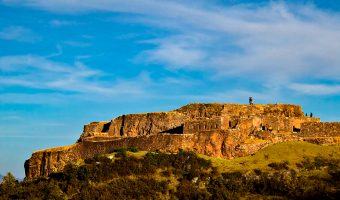 View of the ancient stone ruins and walls of Puka Pukara fortress near Cusco