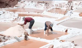Two local workers harvesting salt by hand in the traditional salt ponds of Maras, Cusco