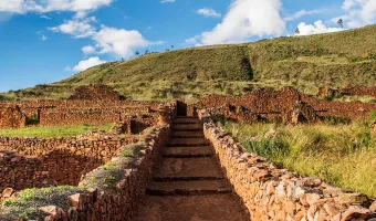 Ancient stone walls and stairway at the Pikillacta archaeological site in the South Valley of Cusco
