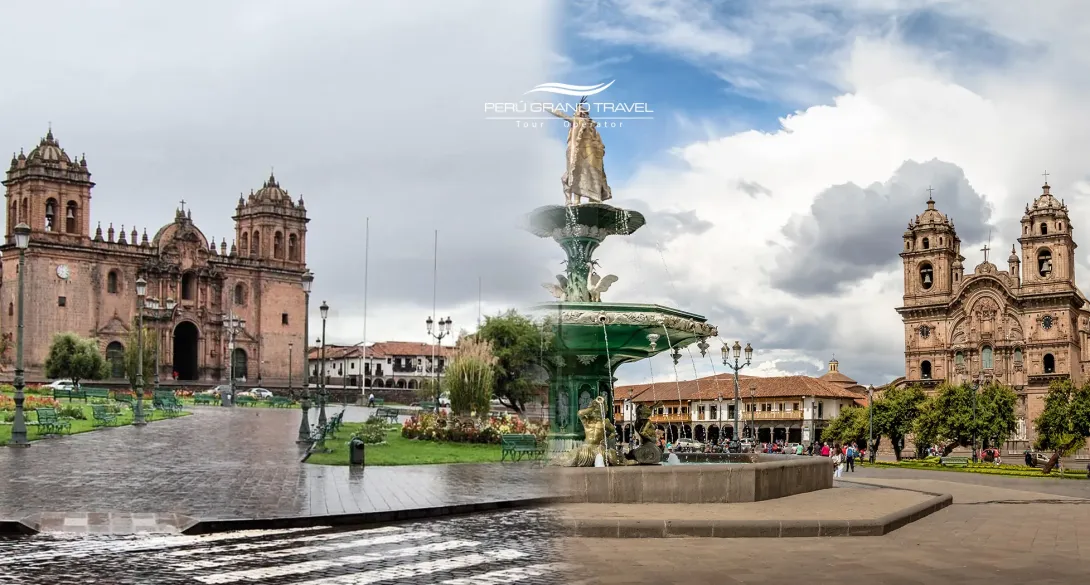 Plaza de Armas of Cusco with a partly cloudy sky and sun rays, showing the contrast between the dry and rainy seasons — an image that represents the weather in Cusco and its Andean beauty.